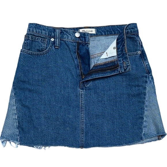 Madewell Color Block Blue Denim Skirt Raw Hem 5 Pocket Styling Zipper Fly - Picture 4 of 11